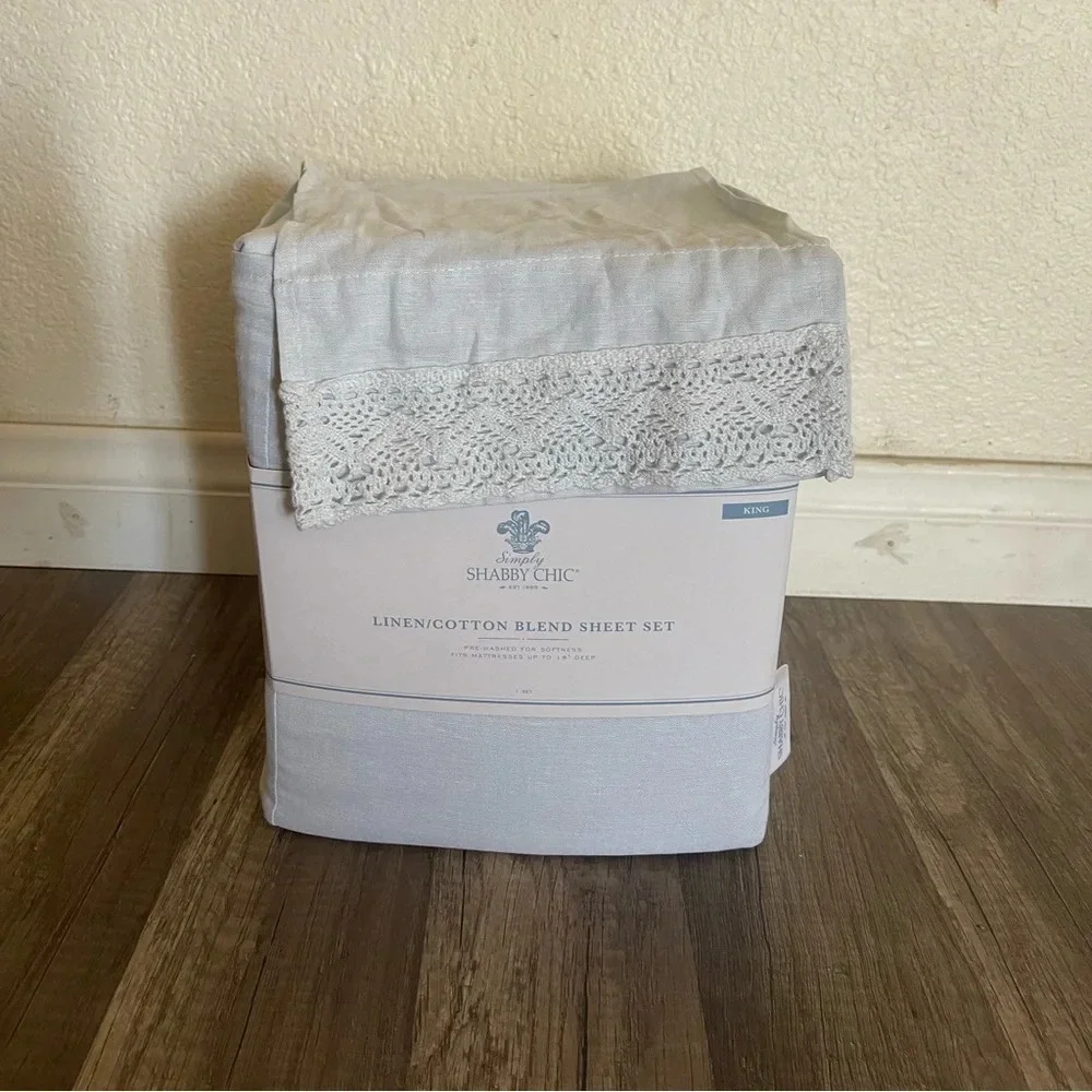 Rachel Ashwell Simply Shabby Chic KING Sheet Set Blue Linen Crochet Trim